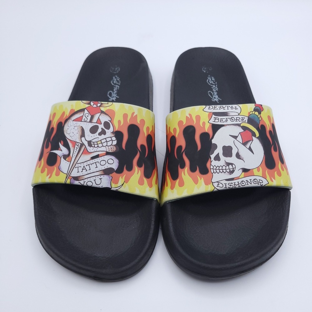 Ed Hardy Slides Mens 8 Womens 9 Death Before Dishonor Flaming Skull Tattoo You